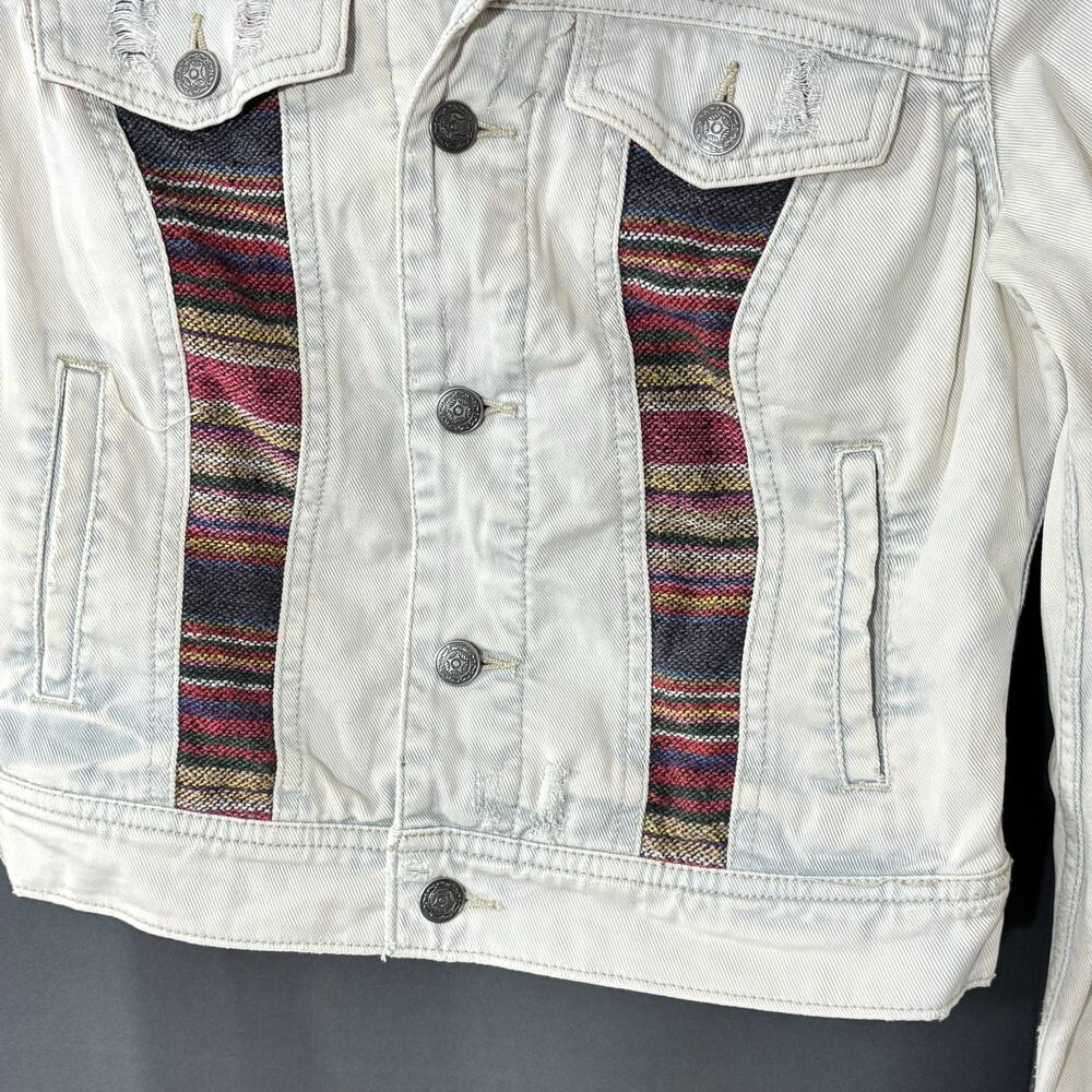 Free People Baja White Washed Denim Jacket Multicolor Knit Panels Size 2 - Picture 4 of 7
